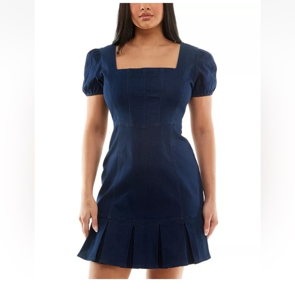 Planet Gold Women's Juniors' Puff-Sleeve Denim Dress (Navy, Medium) - Picture 1 of 11